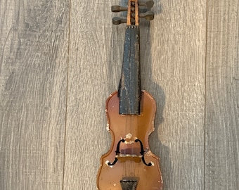 Vintage Tin Toy Violin Czechoslovakia Black Brown Wooden Pegs Wooden Neck Wire Strings Metal Base