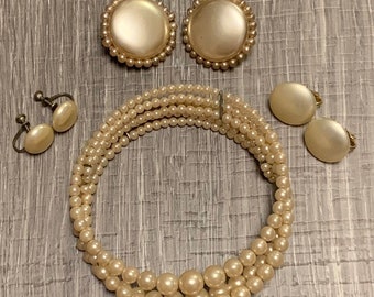 Vintage Mid Century Pearl Bracelet and Clip On Earrings Set