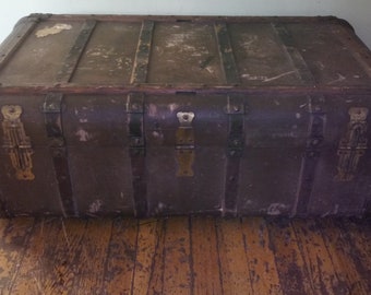 Large Antique Indestructo Trunk | Rustic Steamer Chest | 36x20x12.5 | Missing Handles | Farmhouse Decor Storage Box