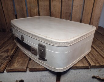 Vintage White Carilite Hard Case Suitcase Blue Lined Storage Case