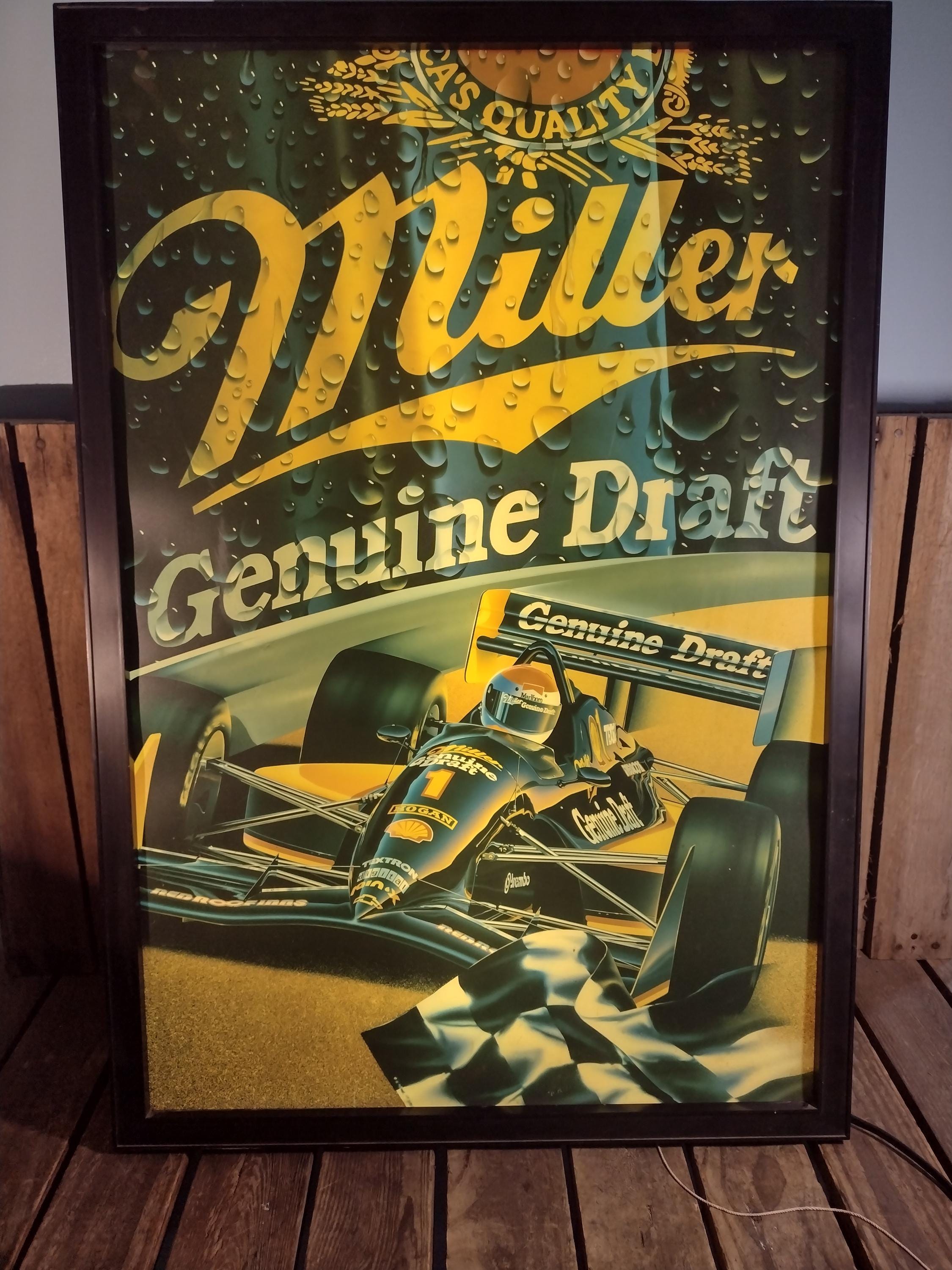 Vintage Miller Genuine Draft Light-up Racecar Sign: 1990s Bar