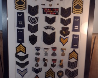 Framed Vintage Military Medal & Insignia Collection - Patriotic Wall Decor