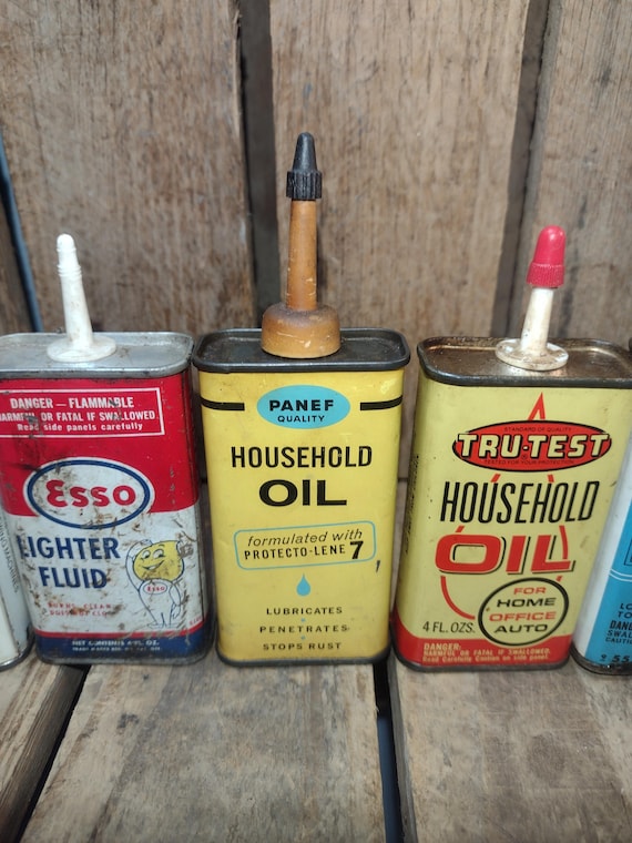 Vintage Oil Can Set: Singer, Esso, Penn, Sears, Tru-test, Ruglyde