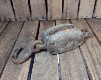 Vintage Industrial Single Sheave Pulley Block with Hook Heavy Cast Metal