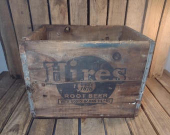 Vintage Hires Root Beer Wooden Crate Advertising Box – Rustic Wood Storage with Metal Reinforcements