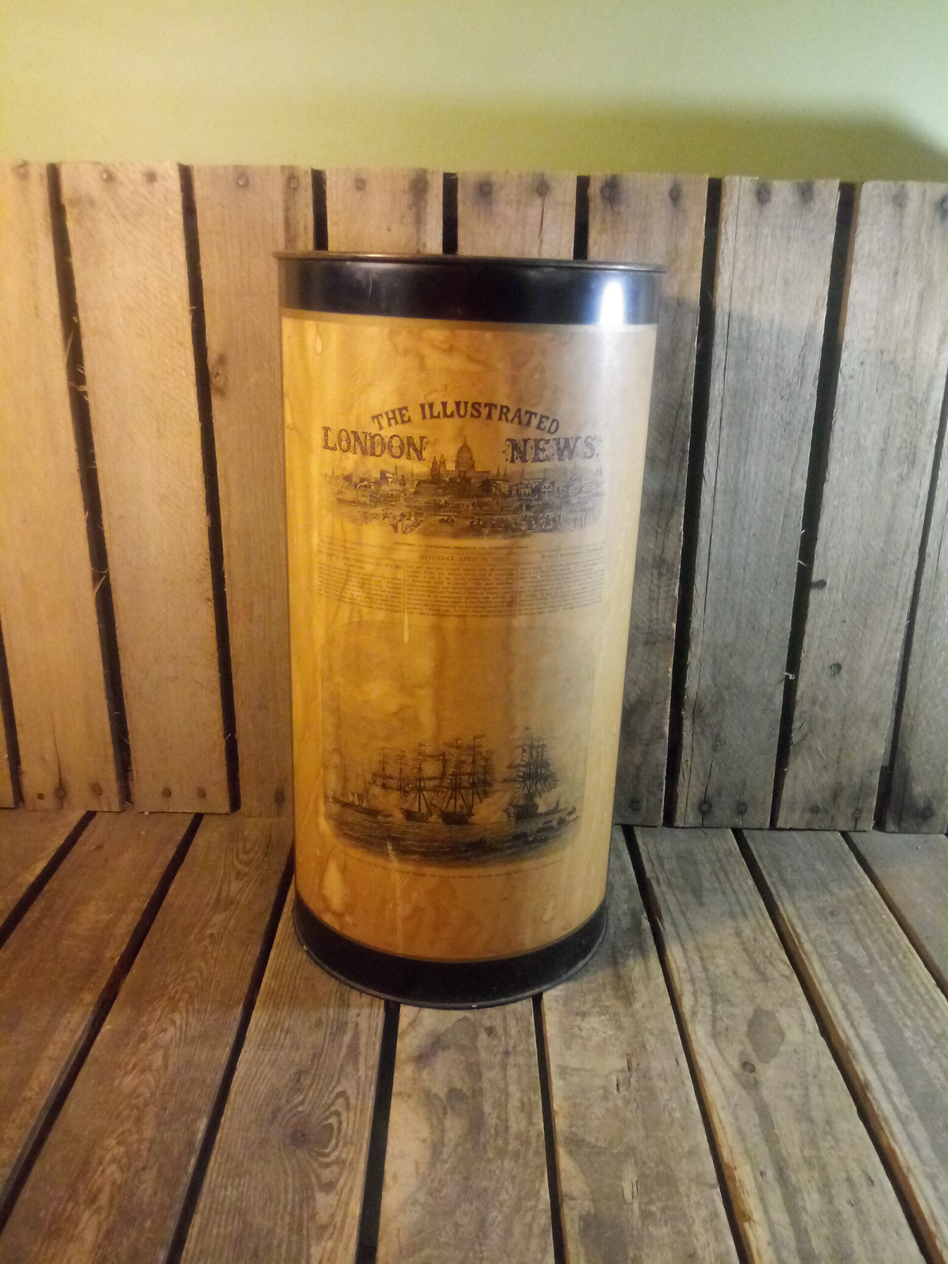 1950s 60s Vintage Mid Century Retro Brown Wood Panel Gold Metal Garbage Trash Waste Can Basket Home Office Living Decor Organization Recycle