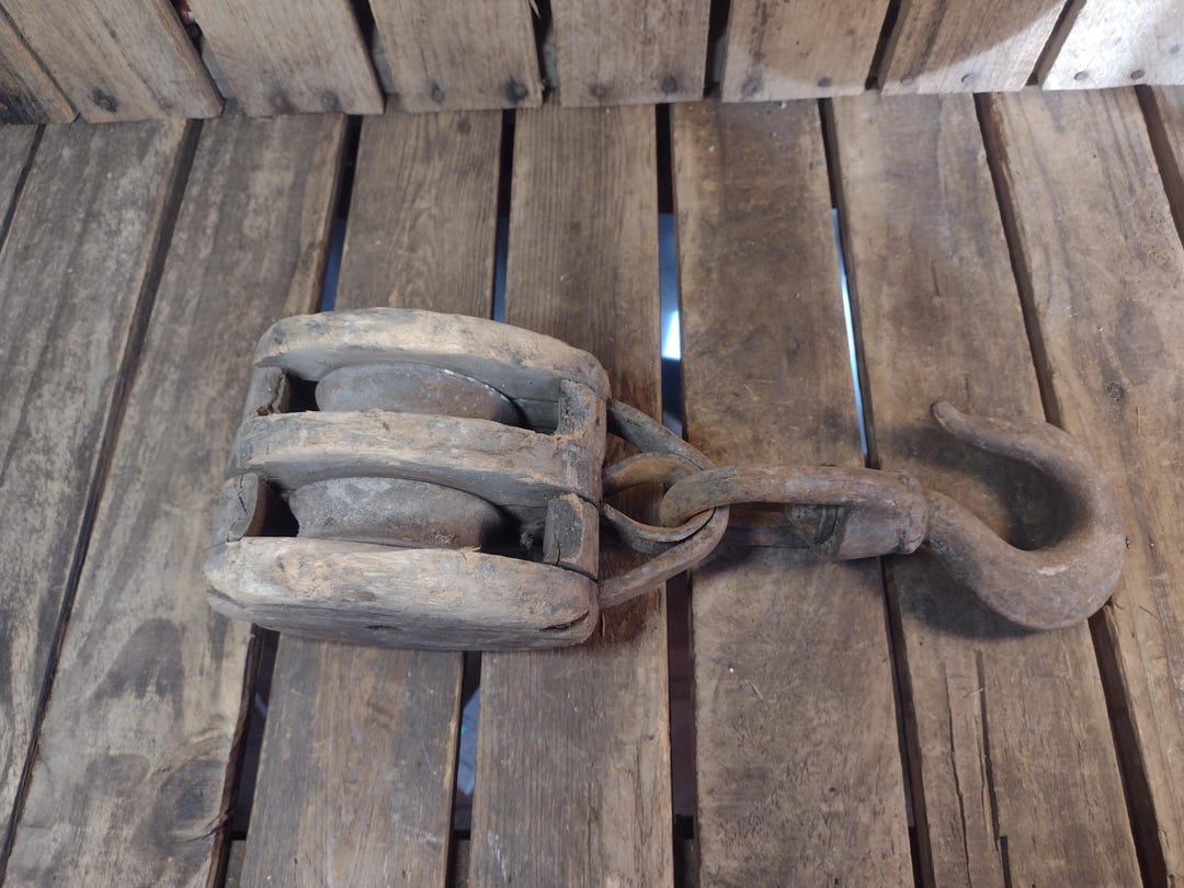 Vintage Wood Double Pulley Block With Iron Hook Farm Barn Rigging Decor ...
