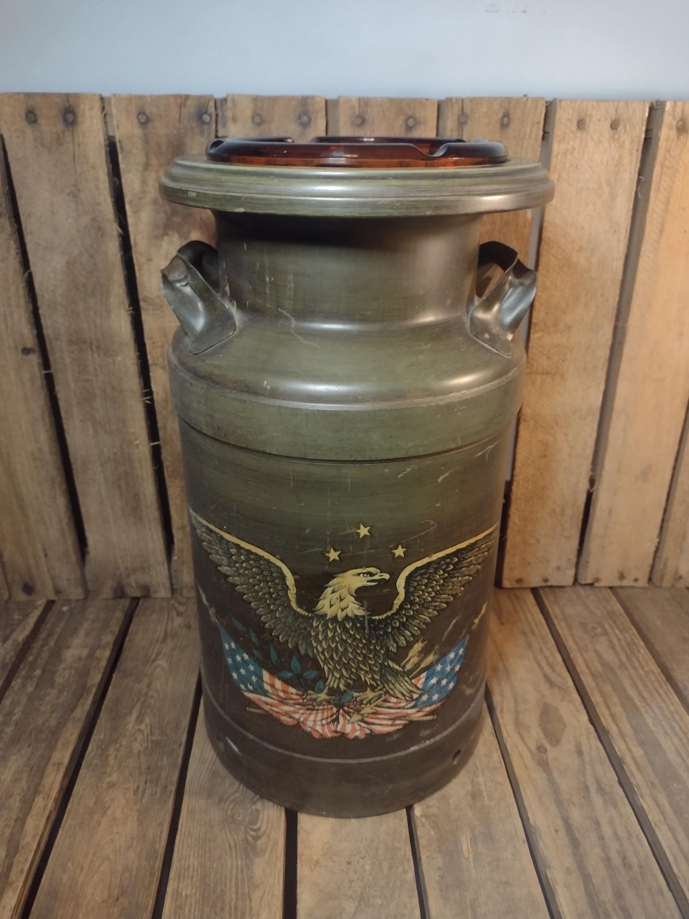 Vintage Milk Can Ashtray Stand With Eagle and Flag Design