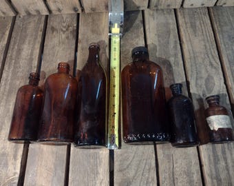 6 Vintage Glass Brown Bottles