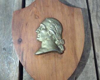 Vintage George Washington Brass Plaque on Wooden Shield – Patriotic Americana Wall Art 9.5x7