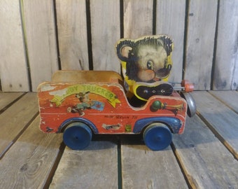 Vintage Teddy Trucker Toy, Vintage Wooden Toy Truck