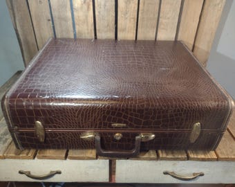 Samsonite Faux Alligator Suitcase – Brown Hard Case Luggage 24x19.5x9
