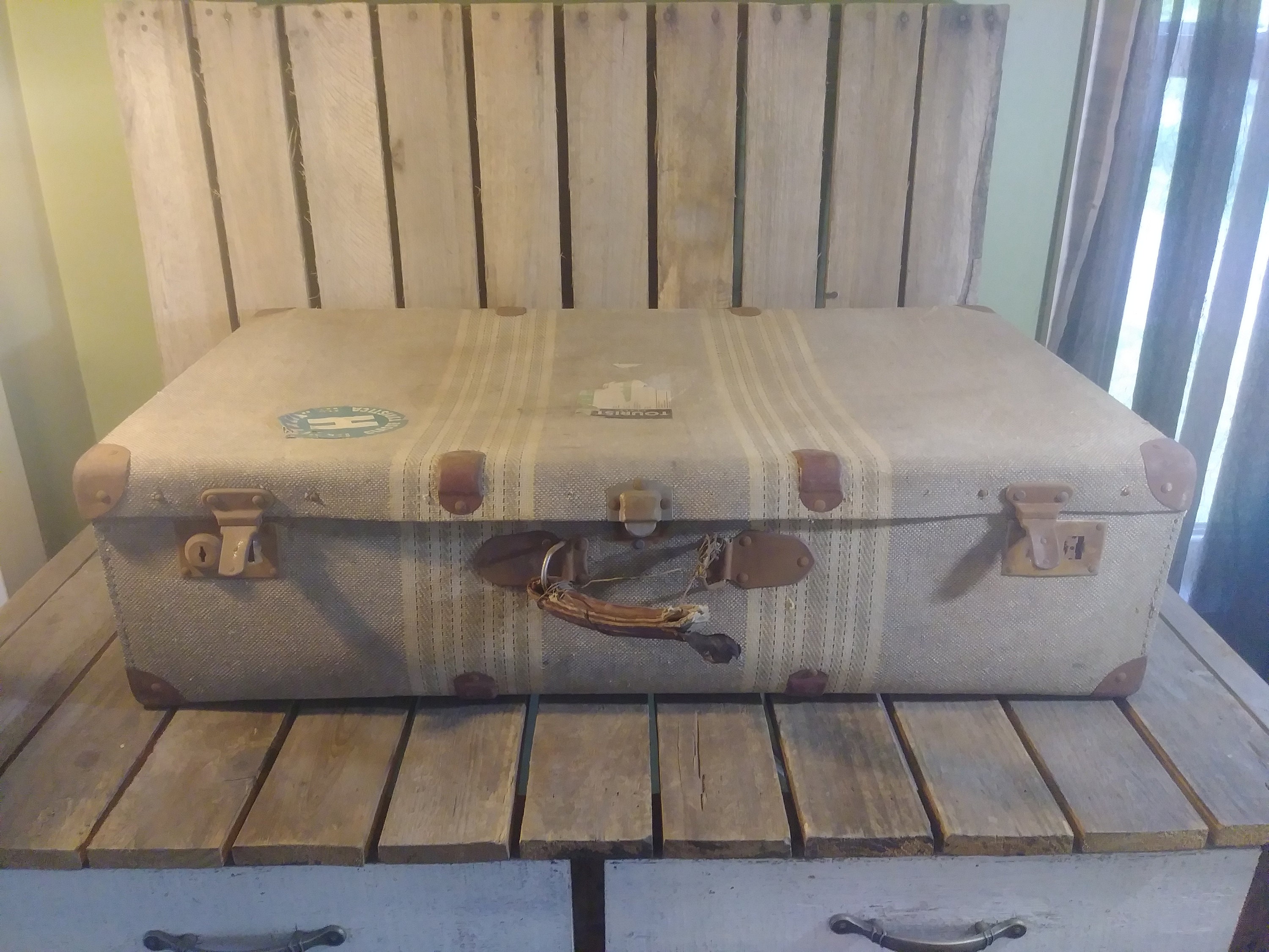 Large Stirped Tweed Suitcase, Vintage Wornout Distressed Suitcase,