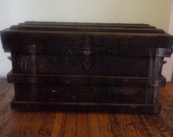 Antique Vandermann Metal Trunk Strong Box – Industrial Storage Chest – Rustic Black Tool Box – Large Collectible Lock Box – Old Metal Chest