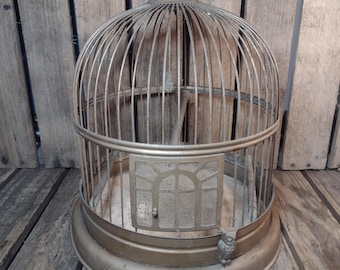 Antique Metal Birdcage with Owl Accents – Round Wire Display Cage