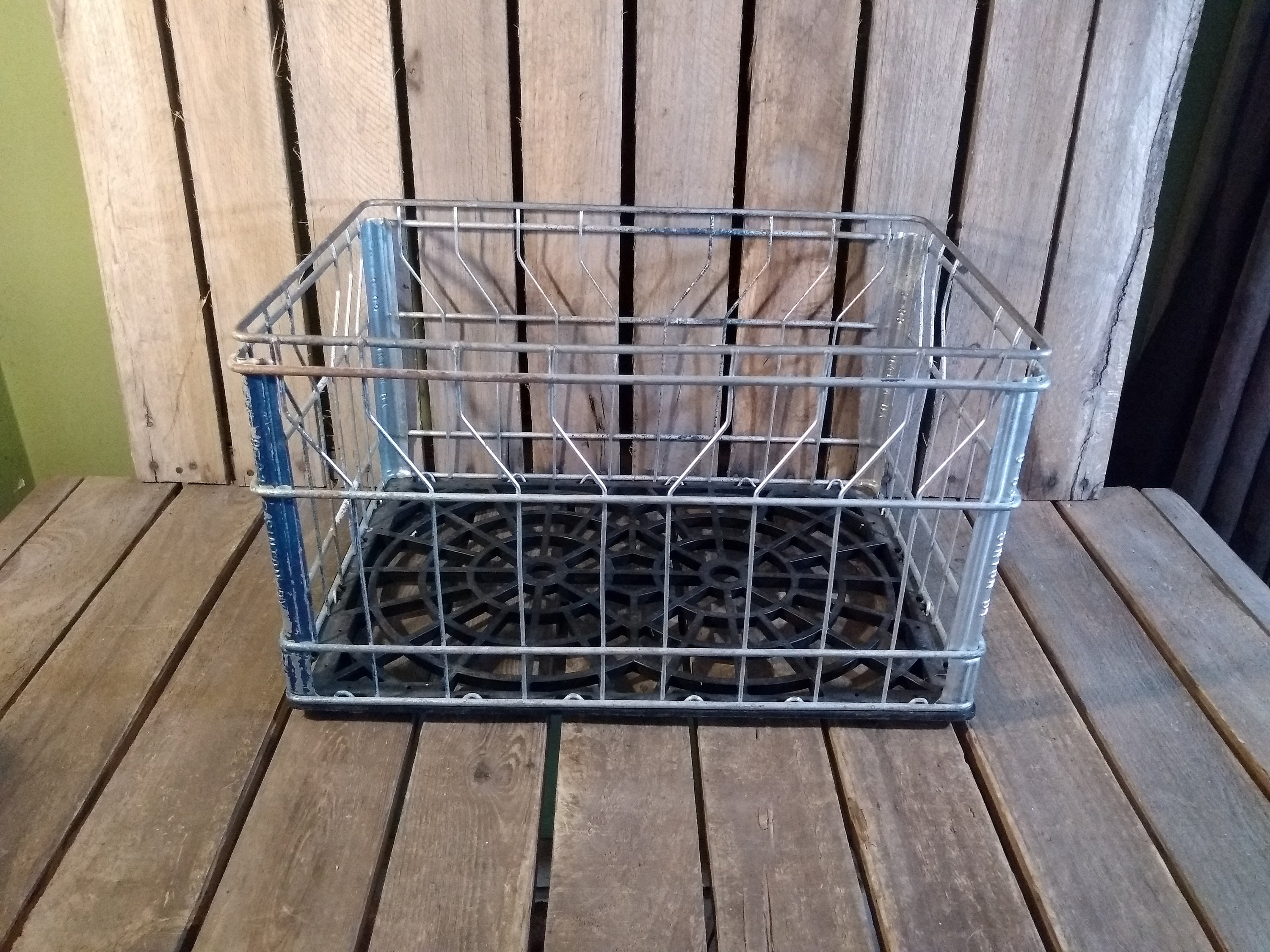 Vintage Metal Wire and Plastic Storage Crate – Industrial