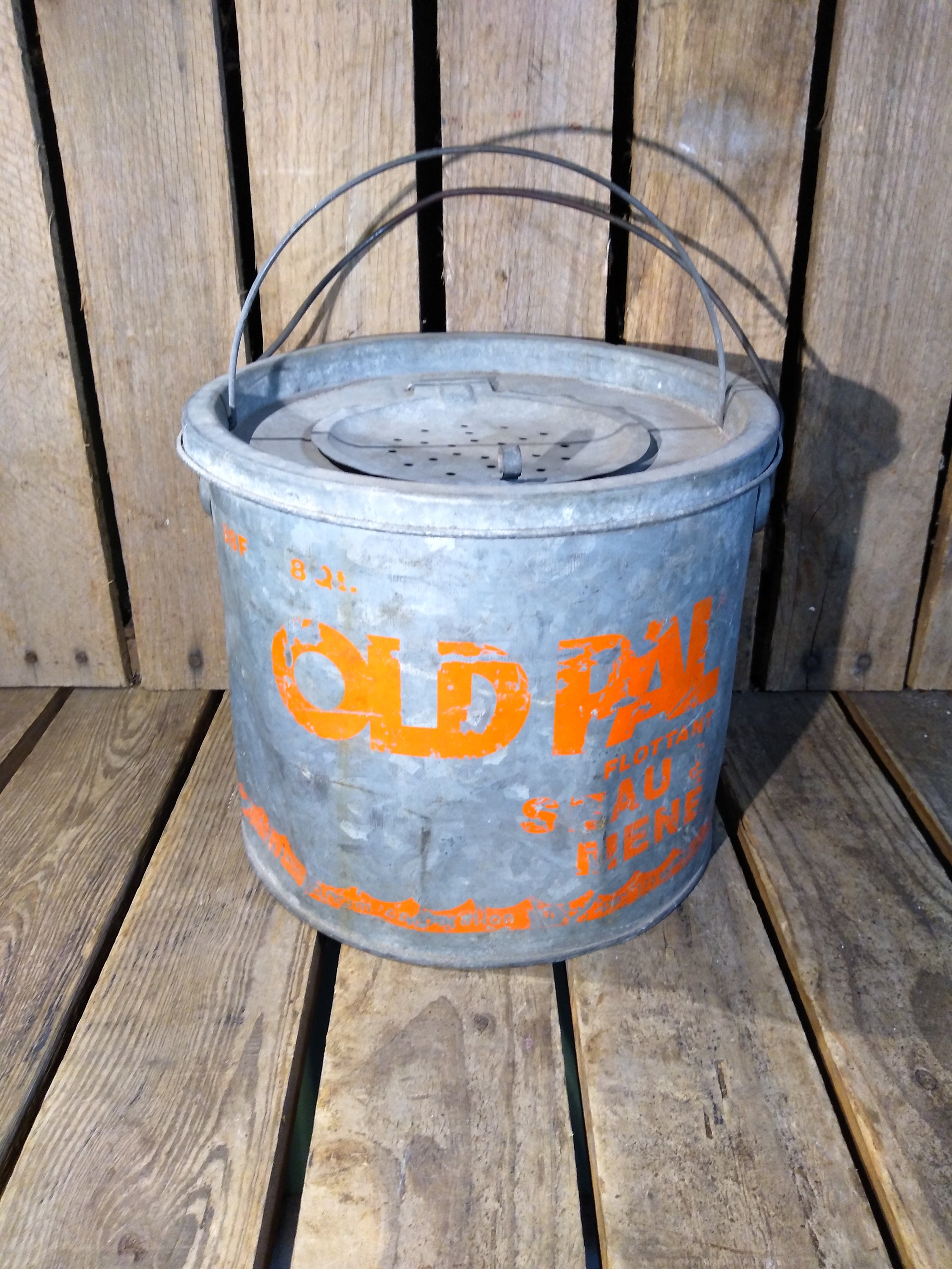 Seau à appâts Old Pal vintage : seau de pêche en métal galvanisé