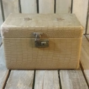 Puede incluir: Una caja de imitación de cuero beige con un patrón de cocodrilo y un cierre de metal. La caja tiene una tapa con bisagras y está cerrada.