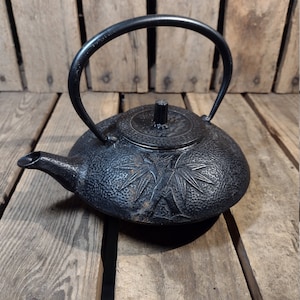 May include: Black cast iron teapot with a bamboo design. The teapot has a round body and a curved handle.
