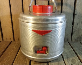 Vintage Featherflite Aluminum Cooler Retro Camping Jug with Red Lid