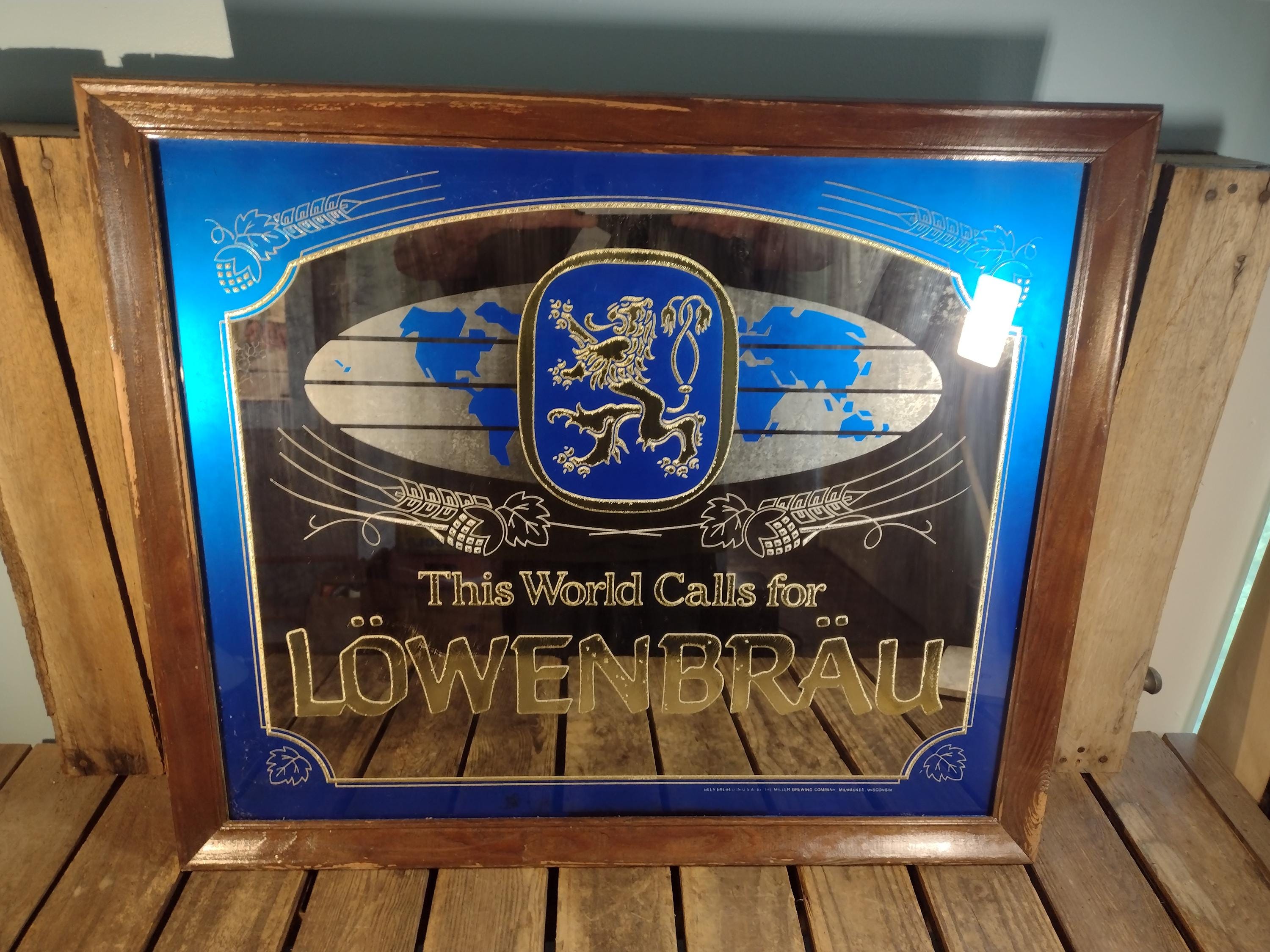Vintage Lowenbrau Beer Mirror Sign: Large German Bar Decor (26.5