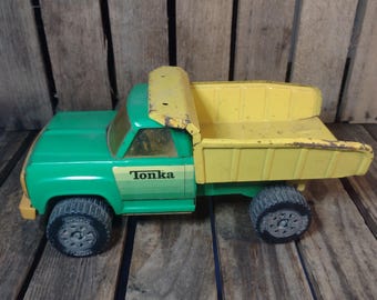 Vintage Tonka Dump Truck Toy Green Yellow Plastic Hauler Construction Truck