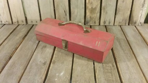Small Red Toolbox, Vintage Metal Tool Box, Rusty Tool Box, 