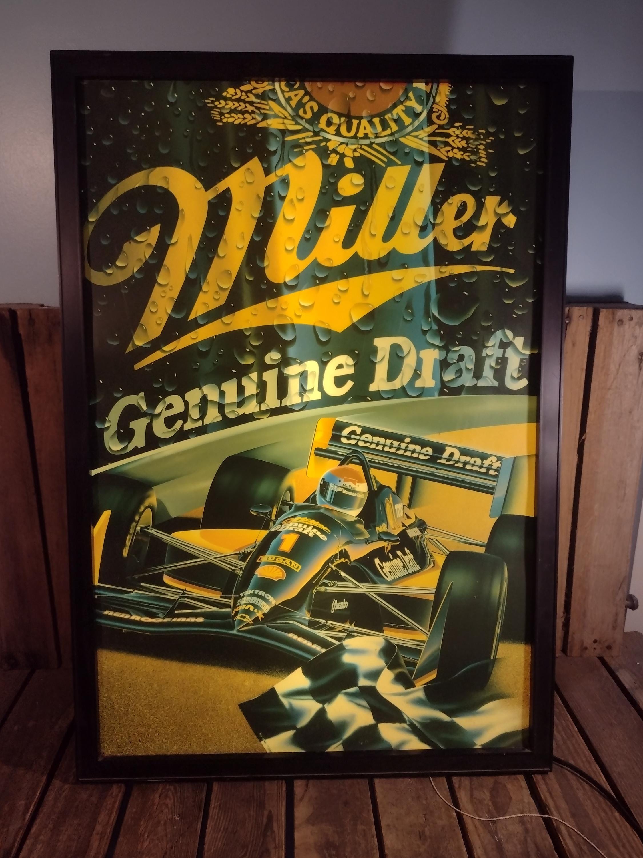 Vintage Miller Genuine Draft Light-up Racecar Sign: 1990s Bar