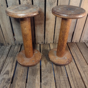 May include: Two antique wooden spools with a round top and base, connected by a cylindrical stem. The spools are made of light brown wood and show signs of wear, suggesting age and use. The background is a wooden surface.