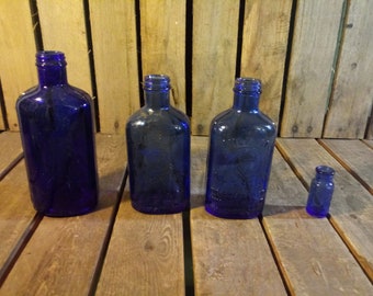 4 Vintage Blue Glass Bottles: Apothecary Decor