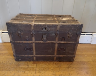 Antique Steamer Trunk: Wood & Metal Hardware, Striped Interior