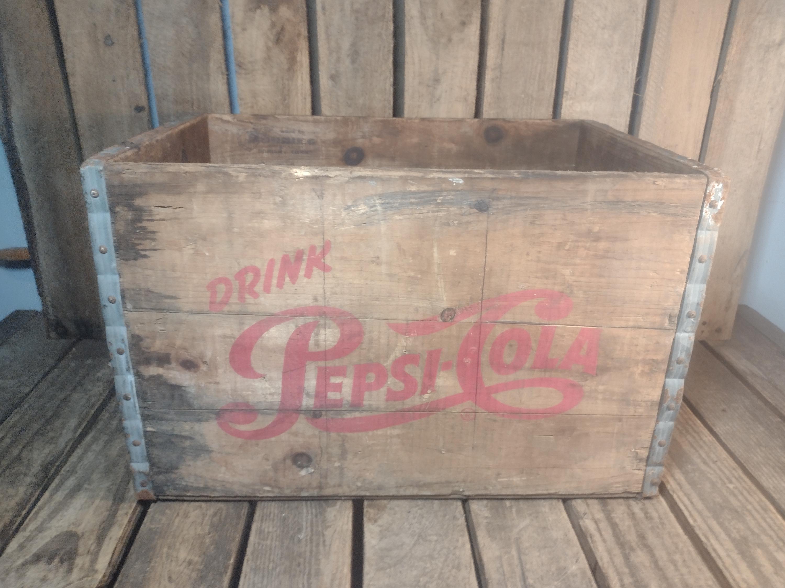 1960s Pepsi-cola Wooden Crate With Red Logo and Rusty Metal Straps