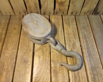 Vintage Wooden Block and Tackle Pulley: Man Cave Decor