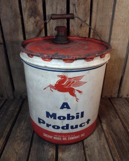 Vintage Mobil Oil Can – Pegasus Tin, 5-Gallon Industrial Pail