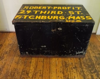 Vintage Rusty Metal Trunk • Primitive Industrial Chest • Rustic Locker Box with Yellow Lettering • Vintage Shipping Trunk Fitchburg Mass