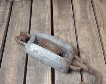 Antique Wooden Single Pulley Block with Iron Hook Rustic Industrial Farm Tool