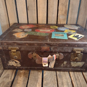 Antique Travel Suitcase with Vintage Luggage Labels – Brown Leather Look Trunk – Rustic Storage, Display, or Photography Prop – 24x15x10