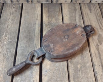 Vintage Wooden Barn Pulley with Iron Hook – Rustic Farmhouse Decor