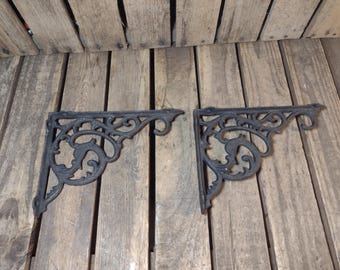 Vintage Cast Iron Shelf Brackets Pair Ornate Scroll Wall Braces