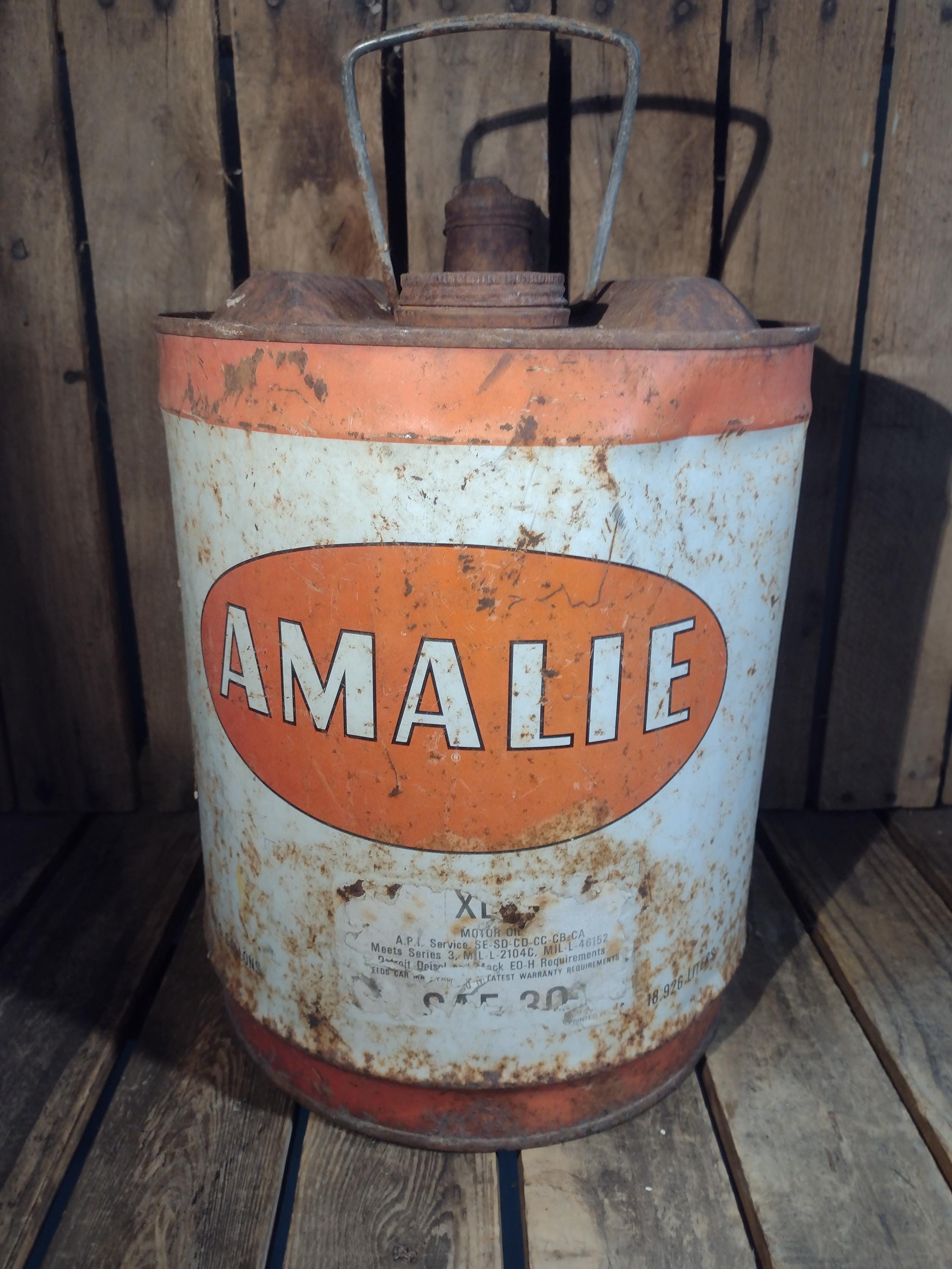 Vintage Rusty Amalie Oil Can: Industrial Garage Decor, Petroliana