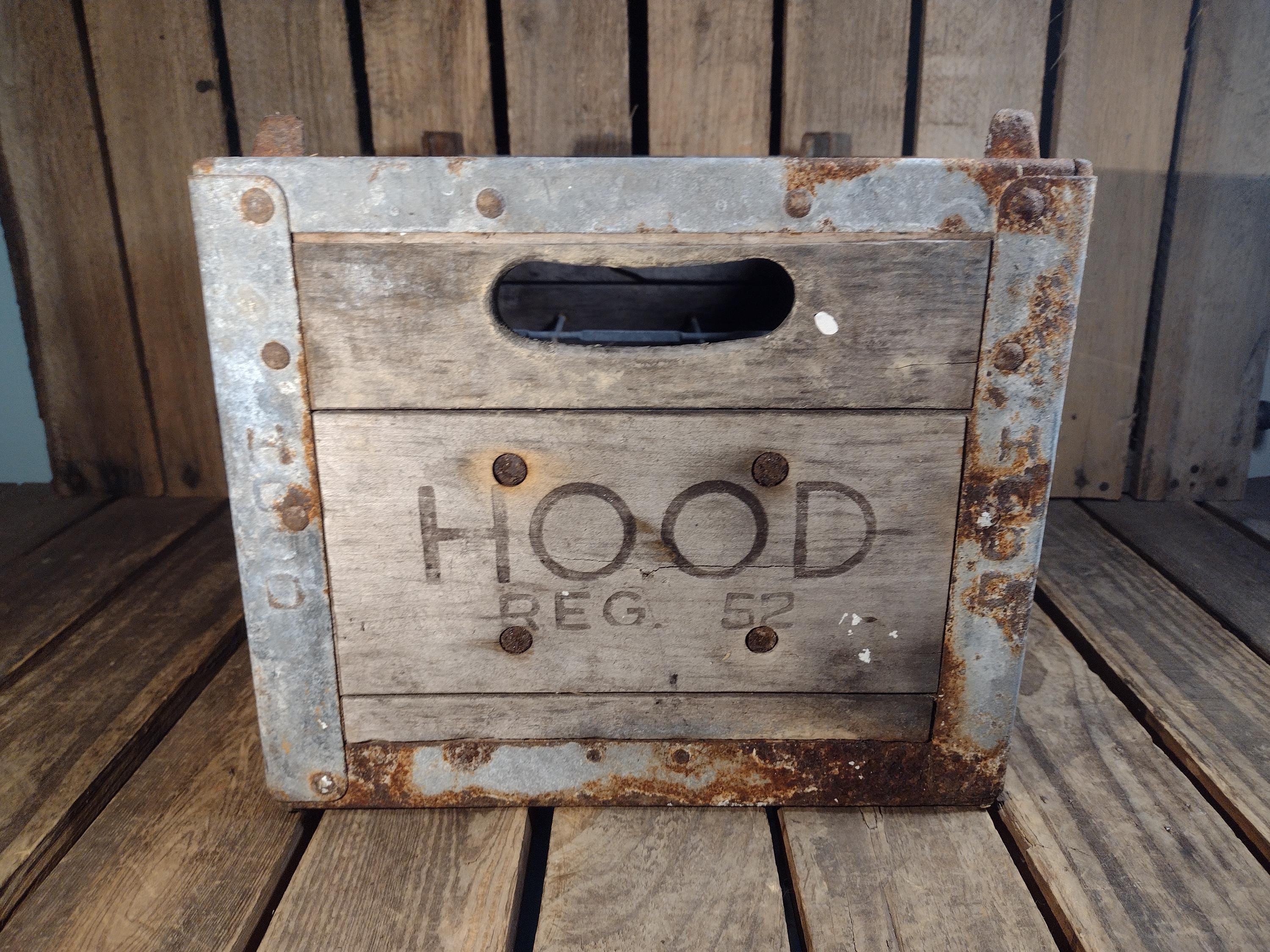 Vintage 1952 Hood Milk Crate: Rustic Farmhouse Metal & Wood Dairy