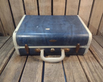 Vintage Blue Samsonite Suitcase with White Trim – Mid Century Travel Luggage