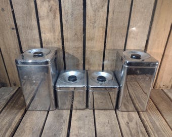 Vintage Chrome Canister Set – Mid Century Kitchen Storage – Flour Sugar Coffee Tea