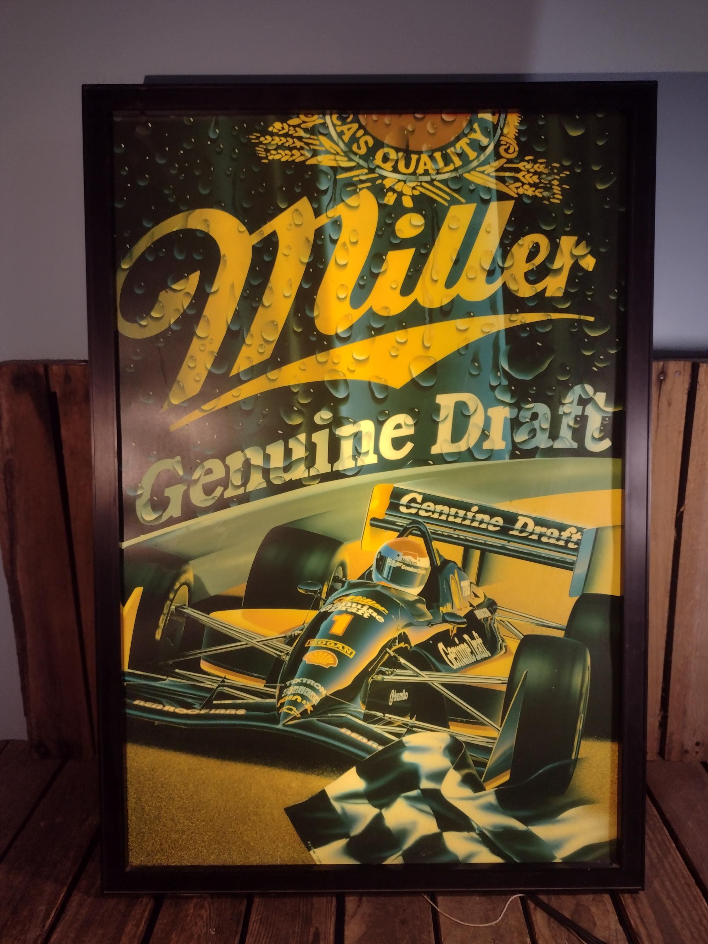 Vintage Miller Genuine Draft Light-up Racecar Sign: 1990s Bar