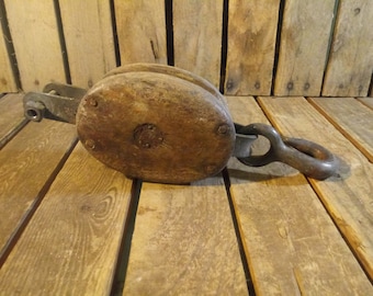Small Vintage Wooden & Iron Pulley – Rustic Industrial Farmhouse Barn Decor, Nautical Accent