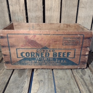Vintage Libbys Corned Beef Wooden Crate Box – Rustic Farmhouse Primitive Storage – Vintage Advertising Display
