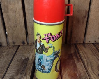 Vintage 1976 The Fonz Thermos with Cup Happy Days TV Collectible Character Drink Container