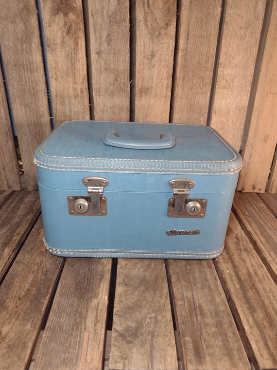 Vintage Monarch Blue Train Case Luggage Hard Shell Travel Case