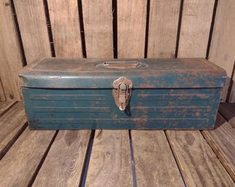 Vintage Blue Metal Toolbox: Retro Industrial Tool Chest, Locking