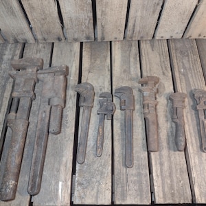 Antique Pipe Wrench Lot of 8 Heavy Cast Iron Adjustable Tools Industrial Decor